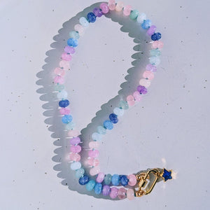 Celestial Lapis Lazuli & Jade Necklace: Pastel Beaded Star Jewelry with Gold Carabiner