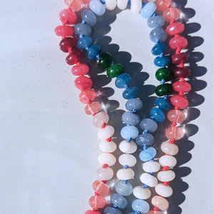 Vibrant Hand-Knotted Silk Cord Necklace with Pink & Blue Candy Stone Beads - Handmade Crystal Jewelry