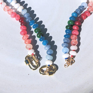 Vibrant Hand-Knotted Silk Cord Necklace with Pink & Blue Candy Stone Beads - Handmade Crystal Jewelry