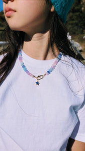 Celestial Lapis Lazuli & Jade Necklace: Pastel Beaded Star Jewelry with Gold Carabiner
