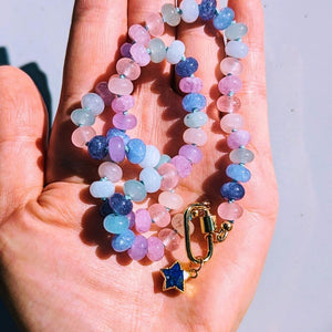 Celestial Lapis Lazuli & Jade Necklace: Pastel Beaded Star Jewelry with Gold Carabiner